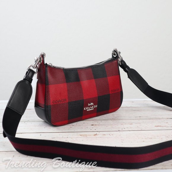 NWT Coach Jes Baguette Crossbody With Buffalo Plaid Print in Black/ Red - Picture 8 of 12